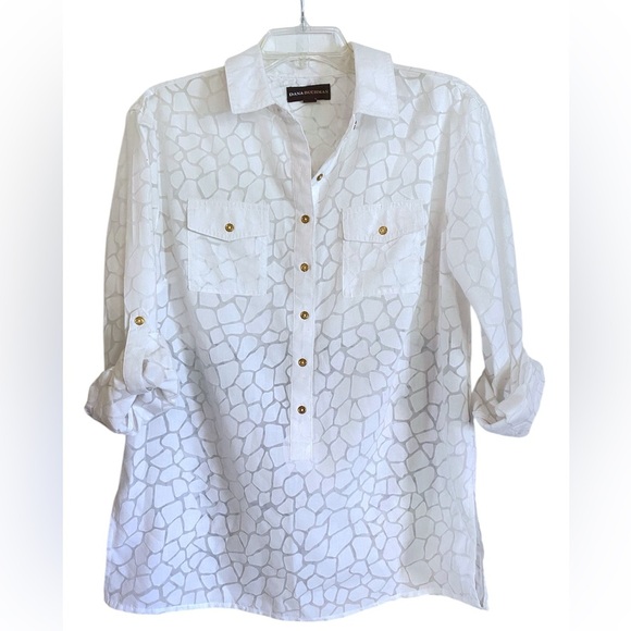 Dana Buchman White Pattern Blouse Roll-Up Sleeves Gold Button Detail Size Small - Picture 1 of 9